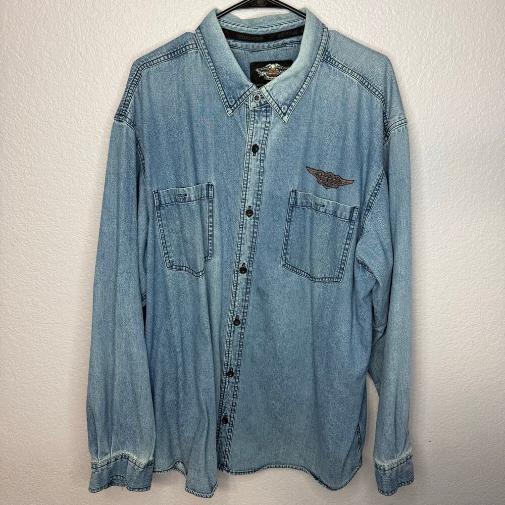 Harley Davidson Denim Button Up Shirt 2XL Back Logo Print Chambray Biker